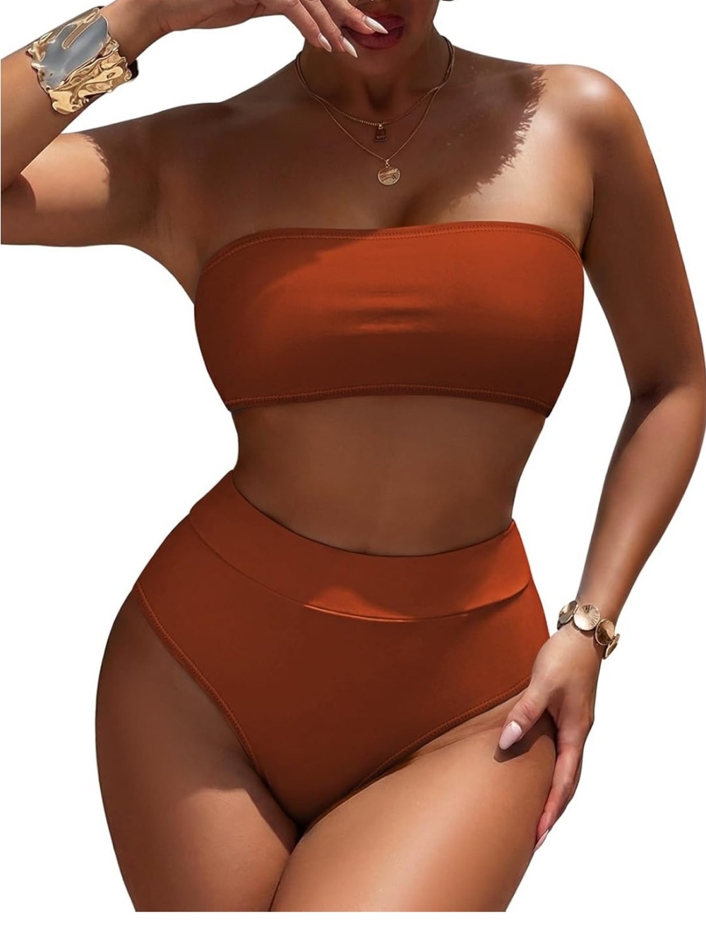 Strapless or with straps  High-Waist Bikini Set - Rust